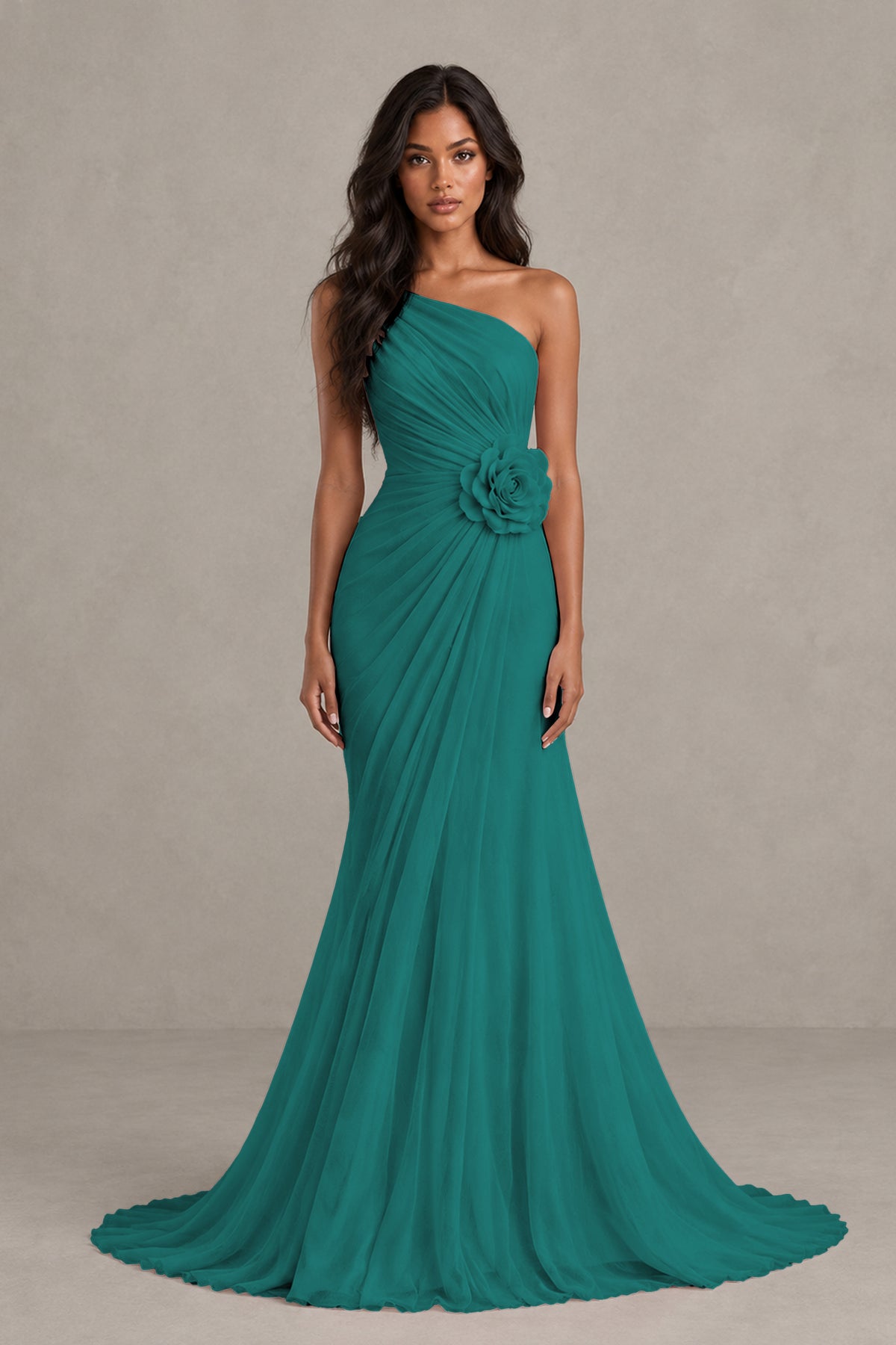 BOLODOO Teal One-Shoulder Floral Ruched Maxi Dress - Teal