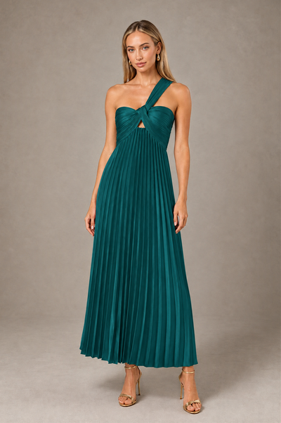 BOLODOO Teal One-Shoulder Twist Knot Pleated Satin Midi Dress with Cutout - Teal - Teal_1