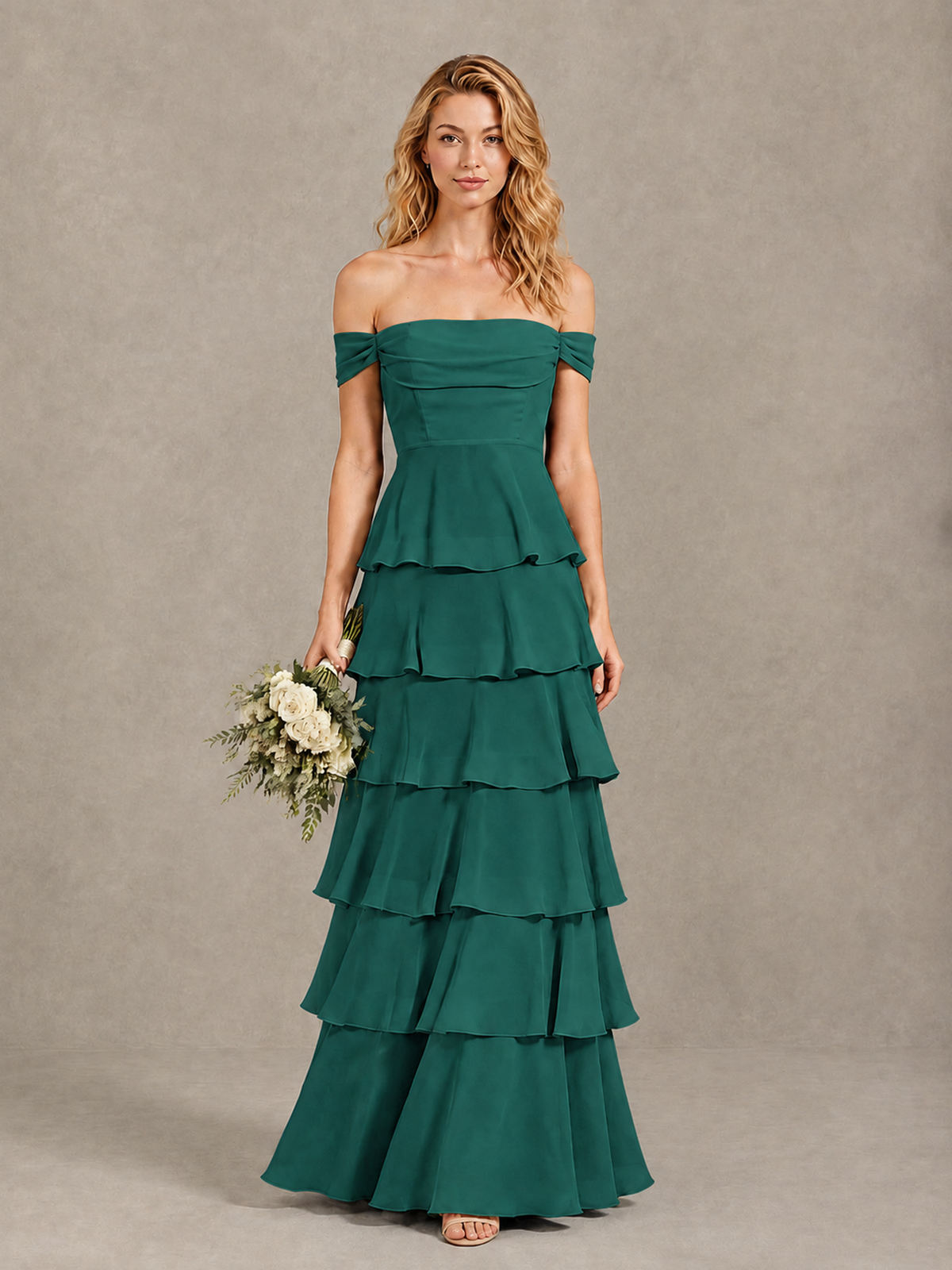 BOLODOO Teal Off-Shoulder Tiered Ruffle Bridesmaid Dress with Lace-Up Back - Teal - Teal_1