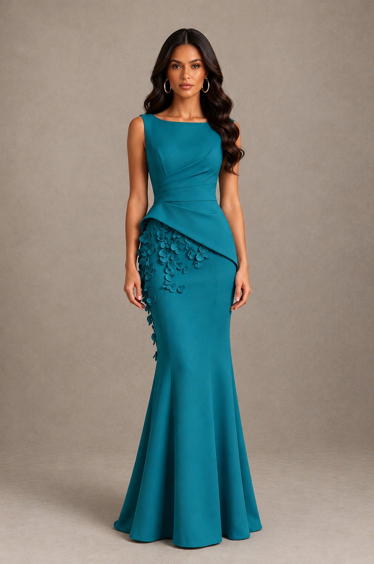 BOLODOO Teal Bateau Neck Sleeveless Asymmetric Peplum 3D Petal Appliqué Mermaid Gown BD0421 - Teal - Teal_1
