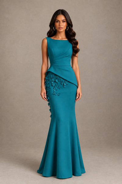 BOLODOO Teal Bateau Neck Sleeveless Asymmetric Peplum 3D Petal Appliqué Mermaid Gown BD0421 - Teal - Teal_1