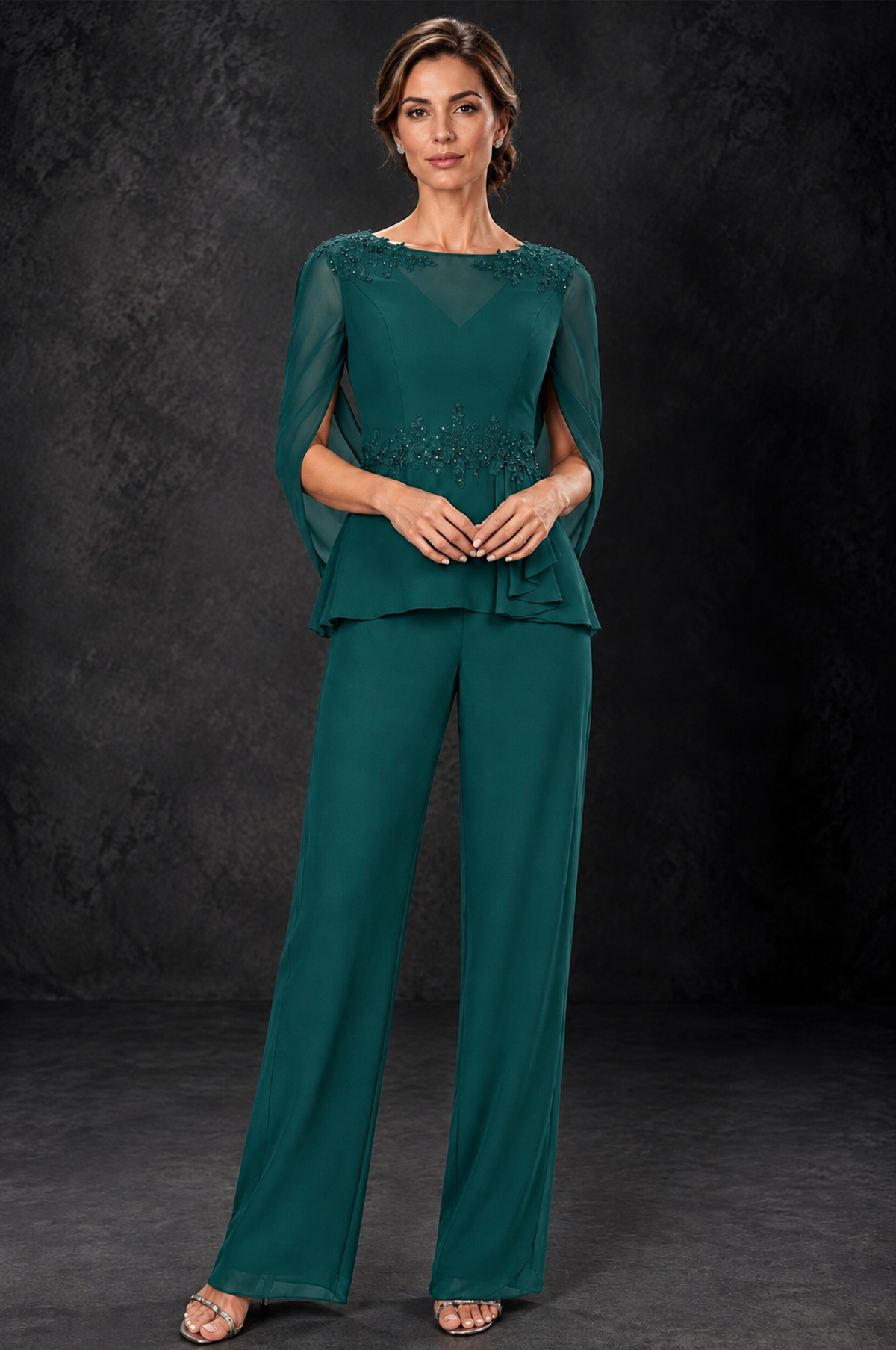 BOLODOO Teal Embellished Cape Sleeve Mother of the Bride Pantsuit - Teal - Teal_1
