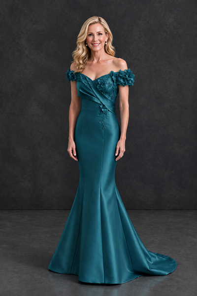 BOLODOO Teal Off-Shoulder Floral Mermaid Mother of the Bride Dress - Teal - Teal_1