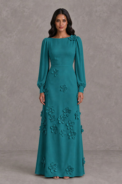 BOLODOO Teal Long Sleeve Floral Applique A-Line Evening Dress - Teal - Teal_1