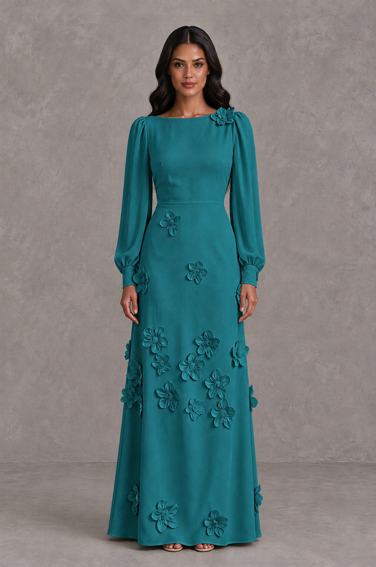 BOLODOO Teal Long Sleeve Floral Applique A-Line Evening Dress - Teal - Teal_1
