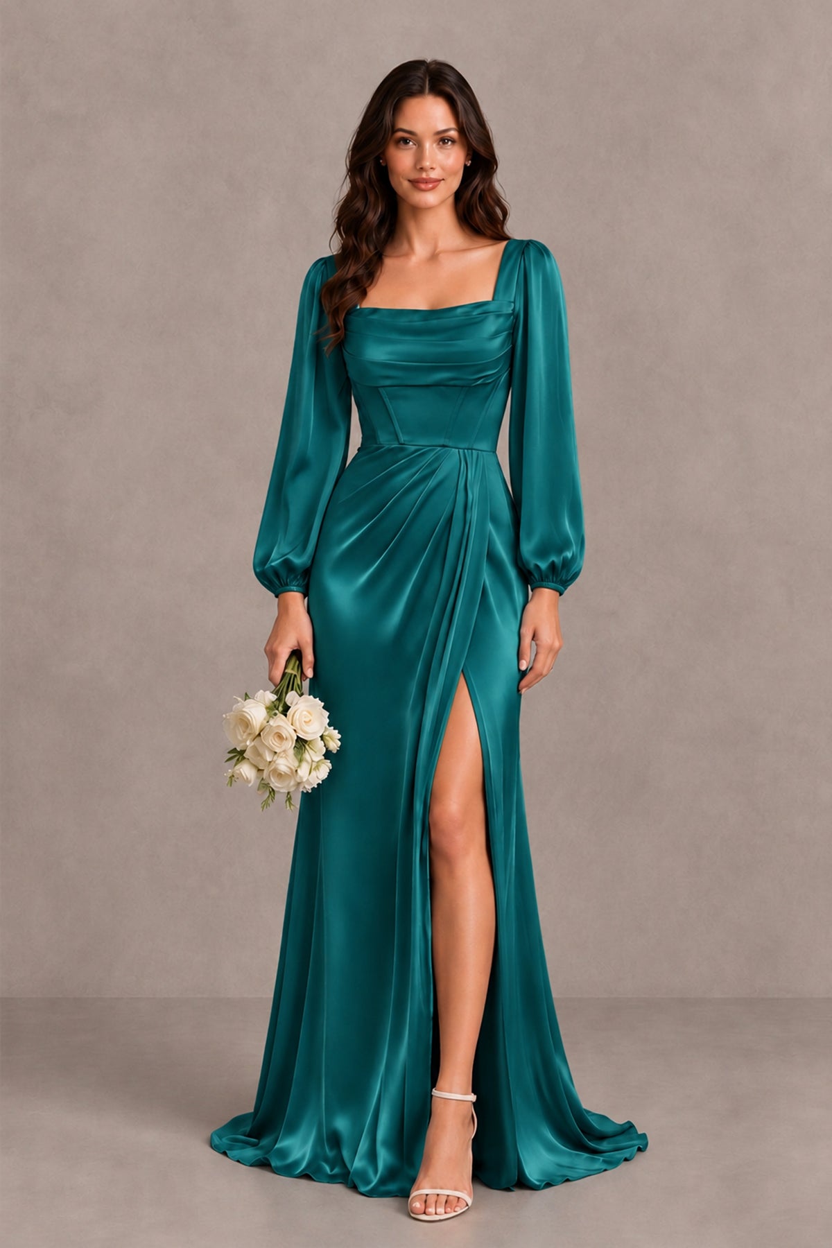 BOLODOO Teal Satin-Look Long Sleeve Evening Dress with High Slit - Teal - Teal_1