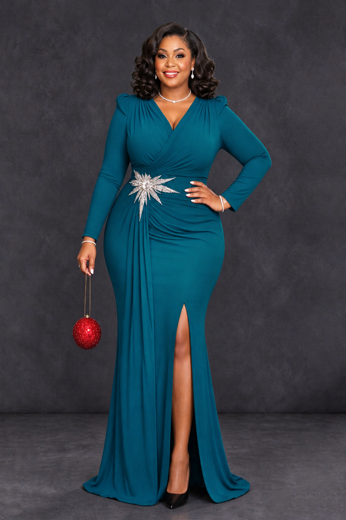 BOLODOO Teal Plus Size Long Sleeve V-Neck Mother of the Bride Dress with Slit - Teal - Teal_1