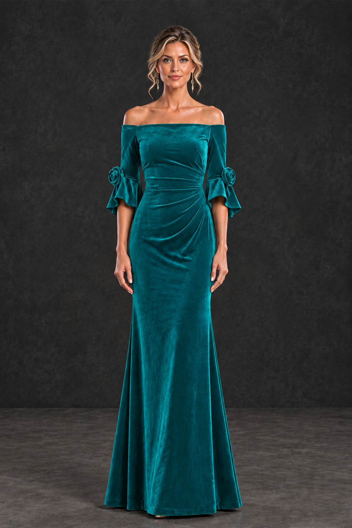 BOLODOO Teal Velvet Off-Shoulder Mother of the Bride Dress – 3/4 Floral Cuff Sleeve Mermaid Evening Gown - Teal - Teal_1