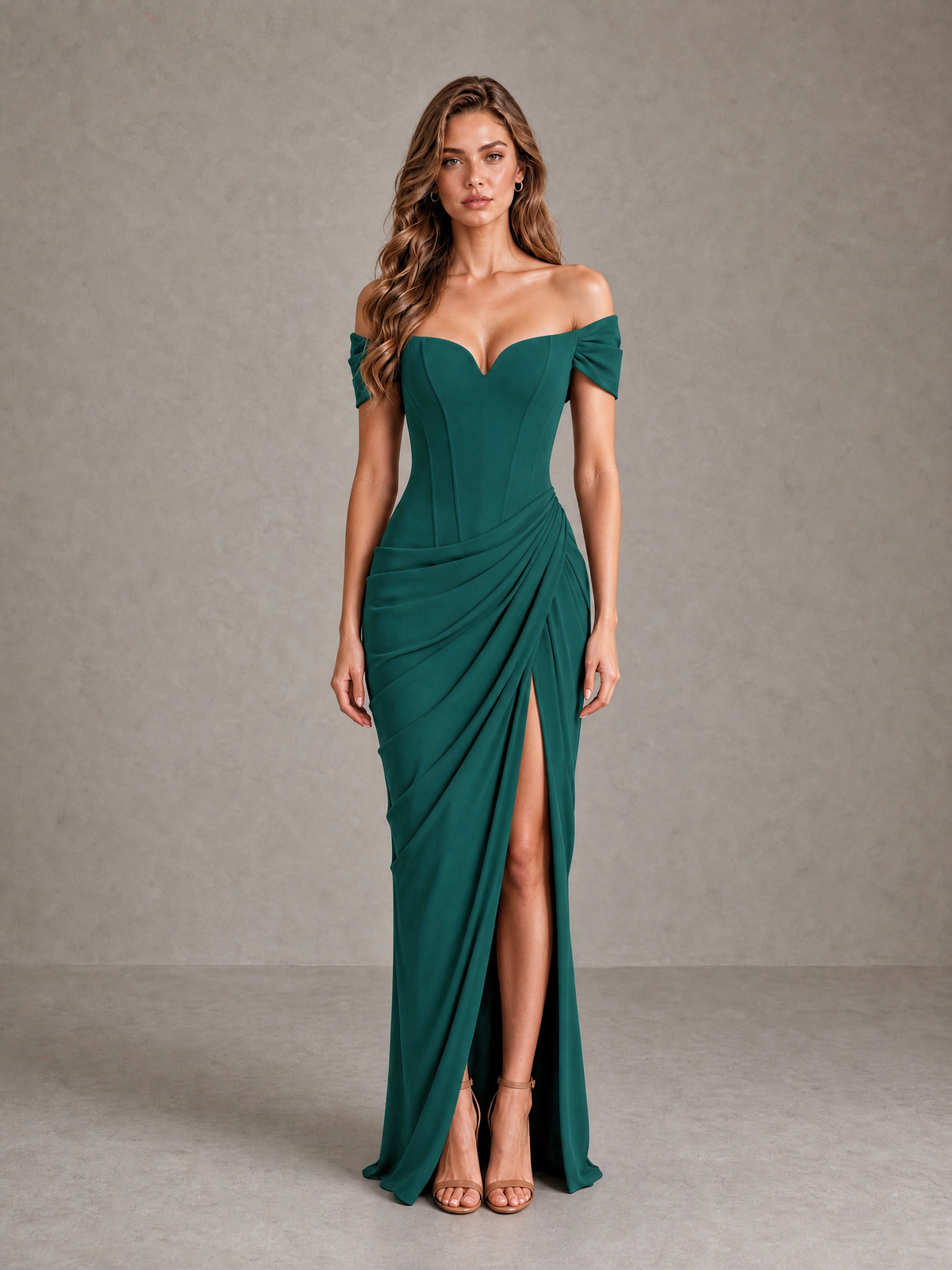 BOLODOO Teal Off-Shoulder Ruched Corset Wedding Guest Dress with Slit - Teal - Teal_1