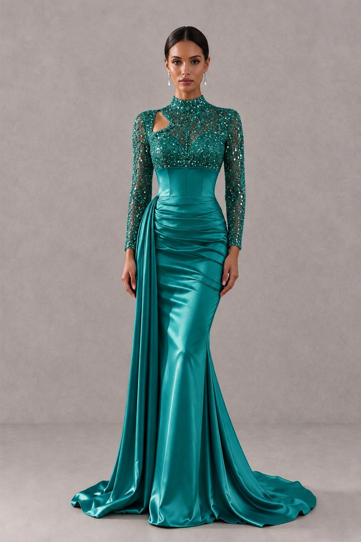 BOLODOO Teal Long Sleeve Embellished Satin Mermaid Evening Gown - Teal - Teal_1