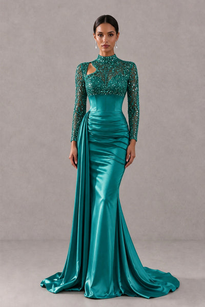BOLODOO Teal Long Sleeve Embellished Satin Mermaid Evening Gown - Teal - Teal_1