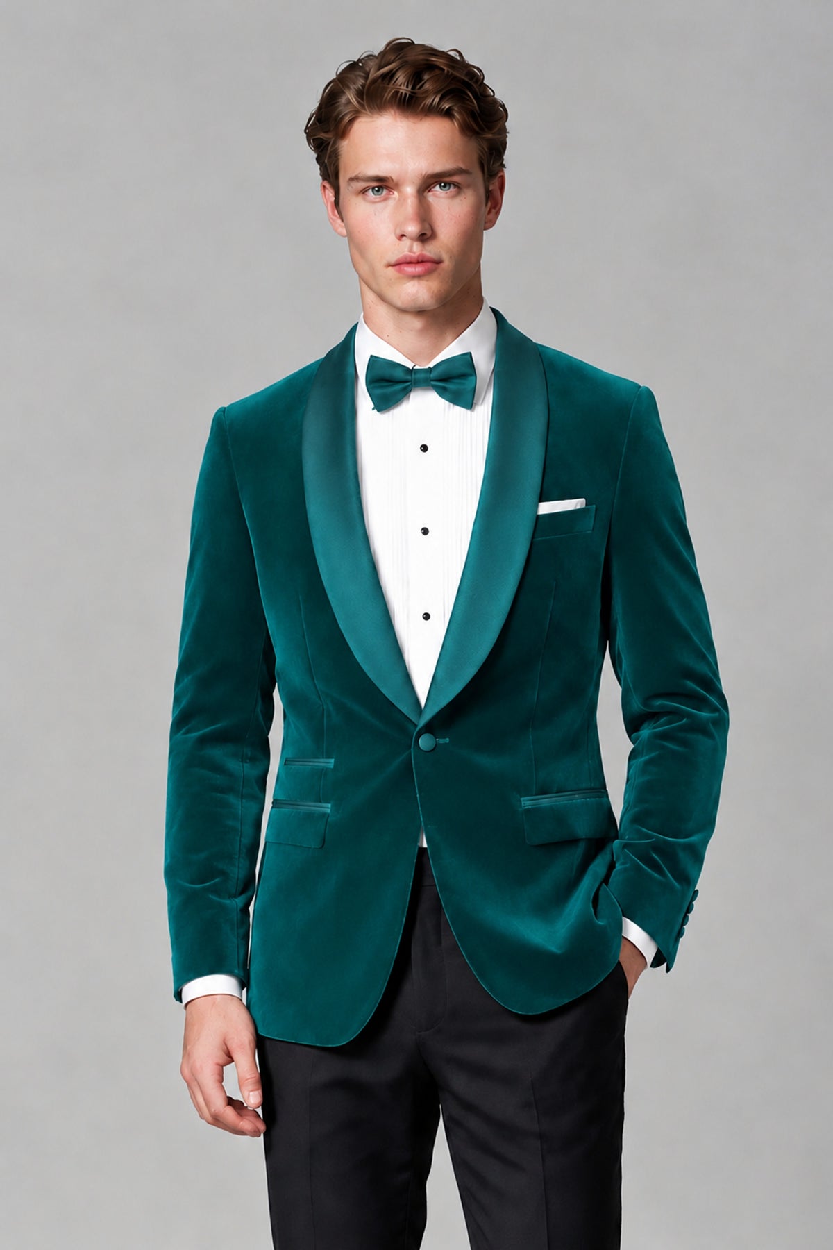BOLODOO Men's Teal Velvet Blazer | Shawl Lapel Tuxedo Jacket - Teal - Teal_1