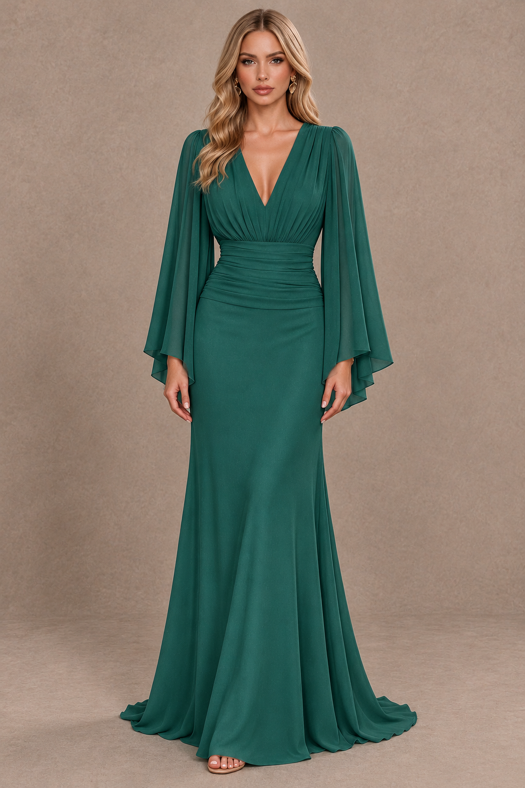 BOLODOO Teal Cape Sleeve V-Neck Ruched Chiffon Evening Dress - Teal - Teal_1