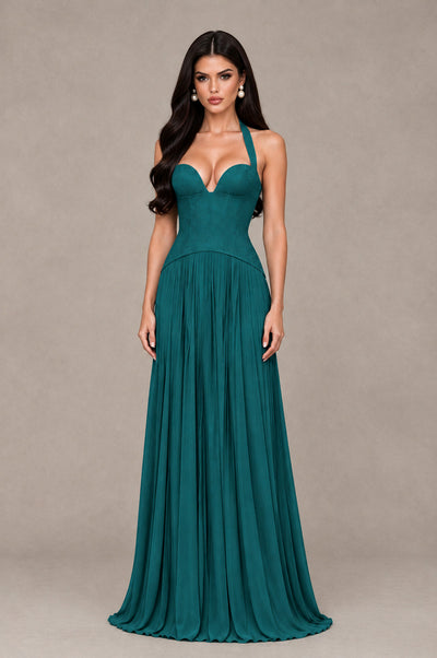 BOLODOO Teal Halter Corset Pleated A-Line Evening Dress - Teal - Teal_1