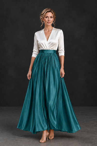 BOLODOO Teal and White V-Neck A-Line Mother of the Bride Dress - Teal - Teal_1