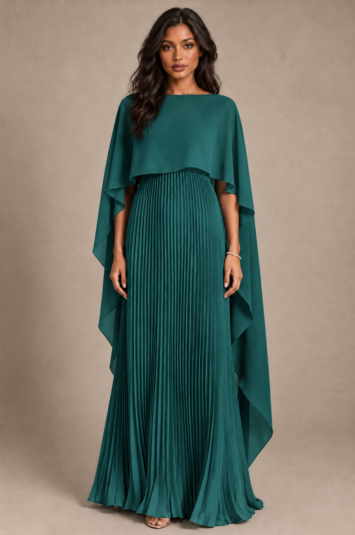 BOLODOO Teal Pleated Cape A-Line Evening Dress - Teal - Teal_1