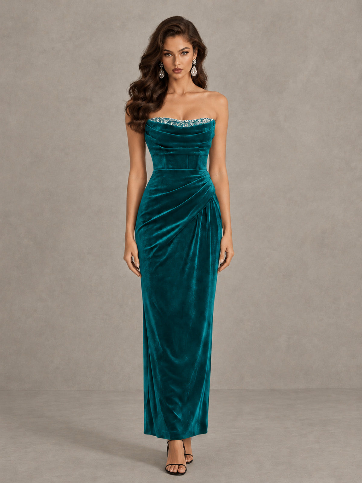 BOLODOO Teal Strapless Velvet Cocktail Maxi Dress - Teal - Teal_1