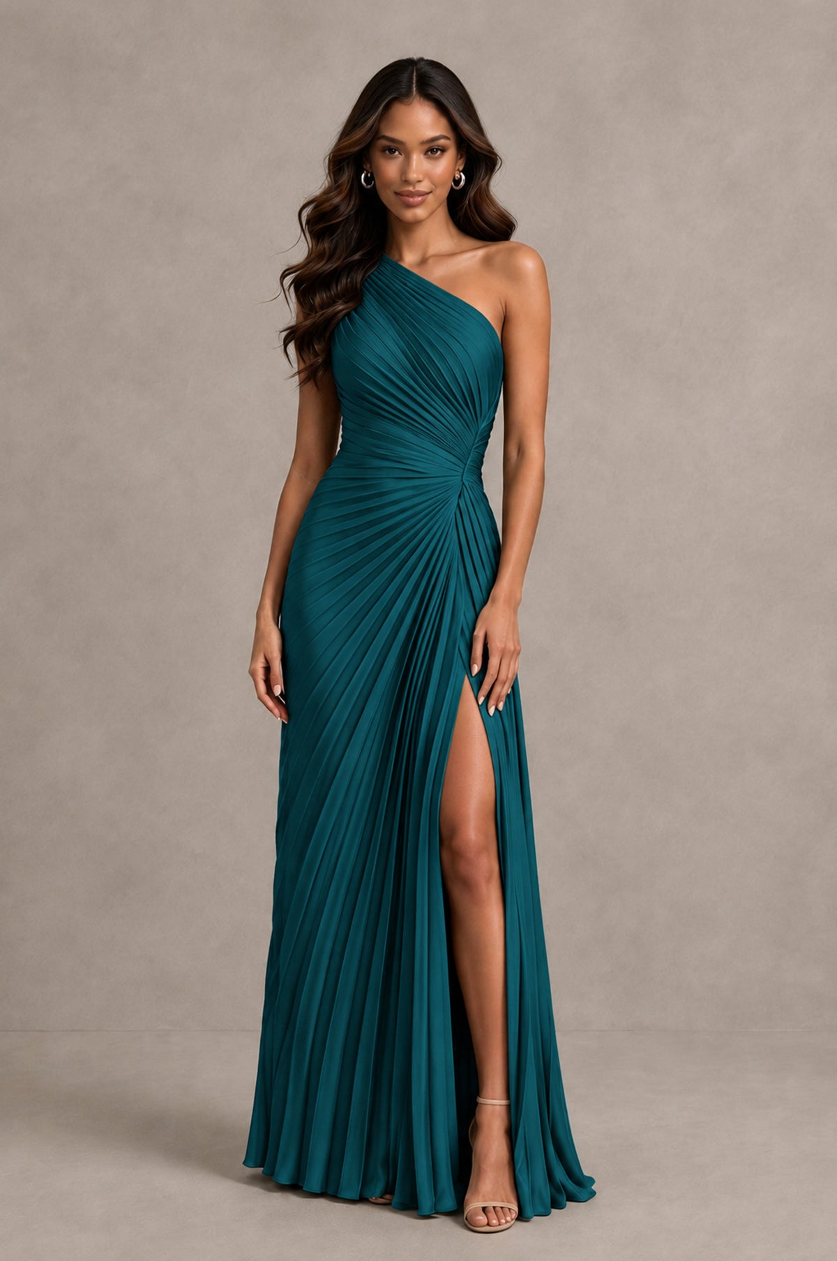 BOLODOO Teal One Shoulder Pleated Evening Dress with Ruched Waist and High Slit - Teal - Teal_1