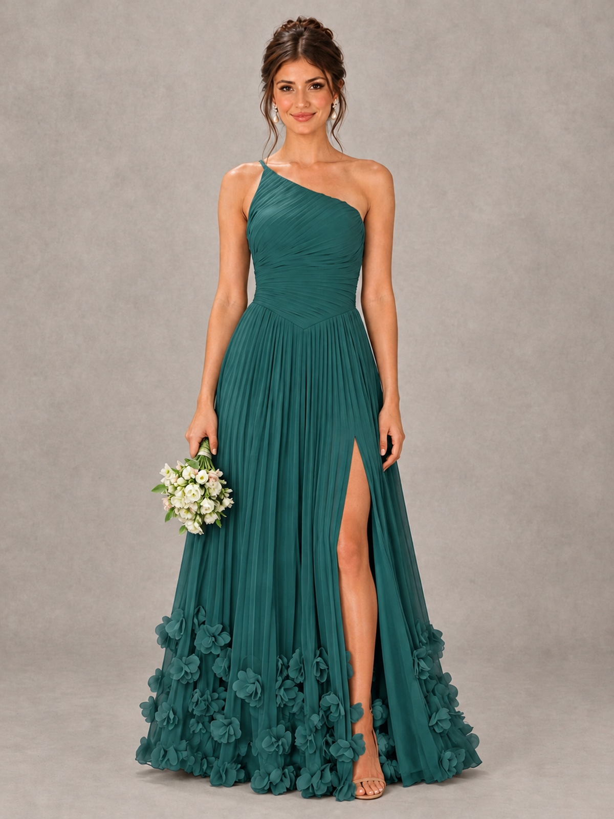BOLODOO Teal One-Shoulder Pleated Bridesmaid Dress with 3D Floral Hem - Teal - Teal_1