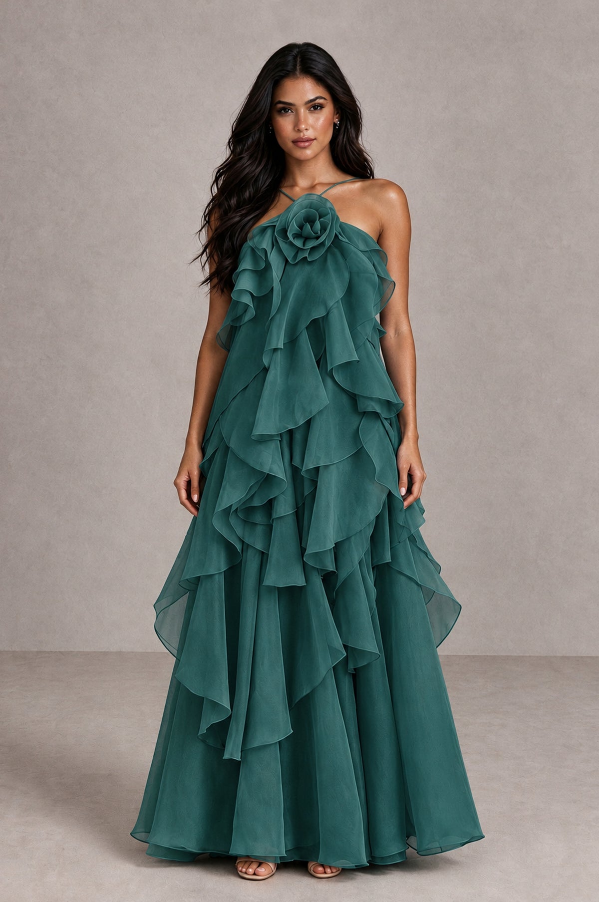 BOLODOO Teal Cascading Ruffle Rosette Open-Back Maxi Dress - Teal - Teal_1