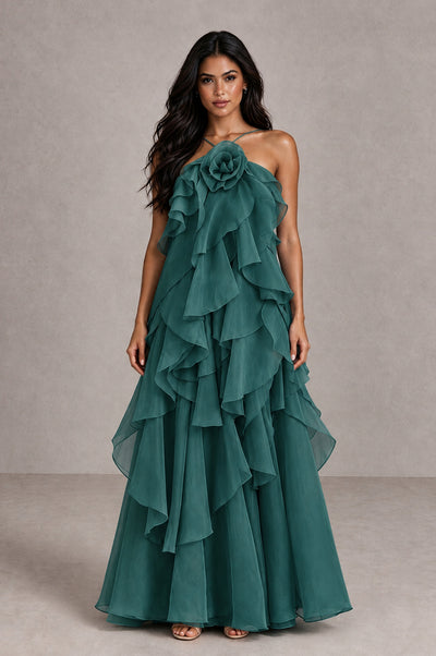 BOLODOO Teal Cascading Ruffle Rosette Open-Back Maxi Dress - Teal - Teal_1