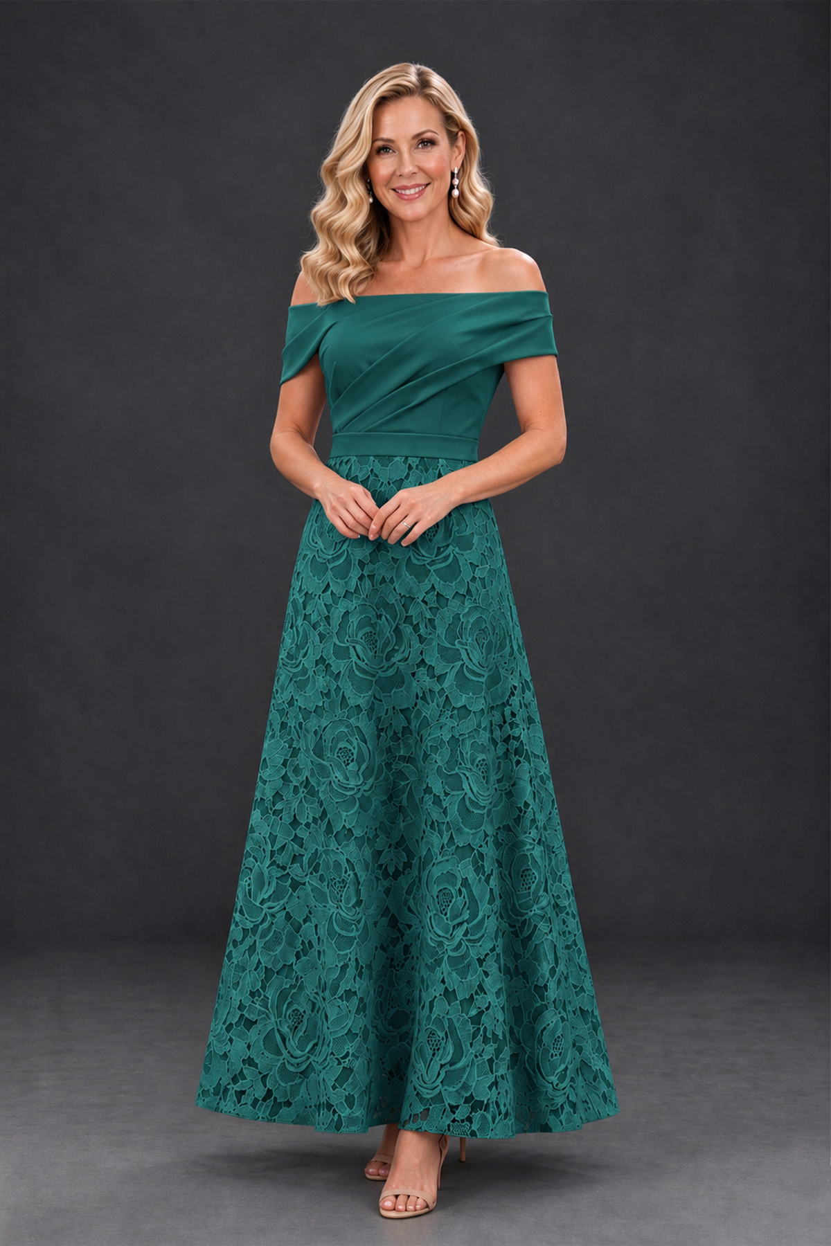 BOLODOO Teal Off-the-Shoulder Floral A-Line Mother of the Bride Dress - Teal - Teal_1