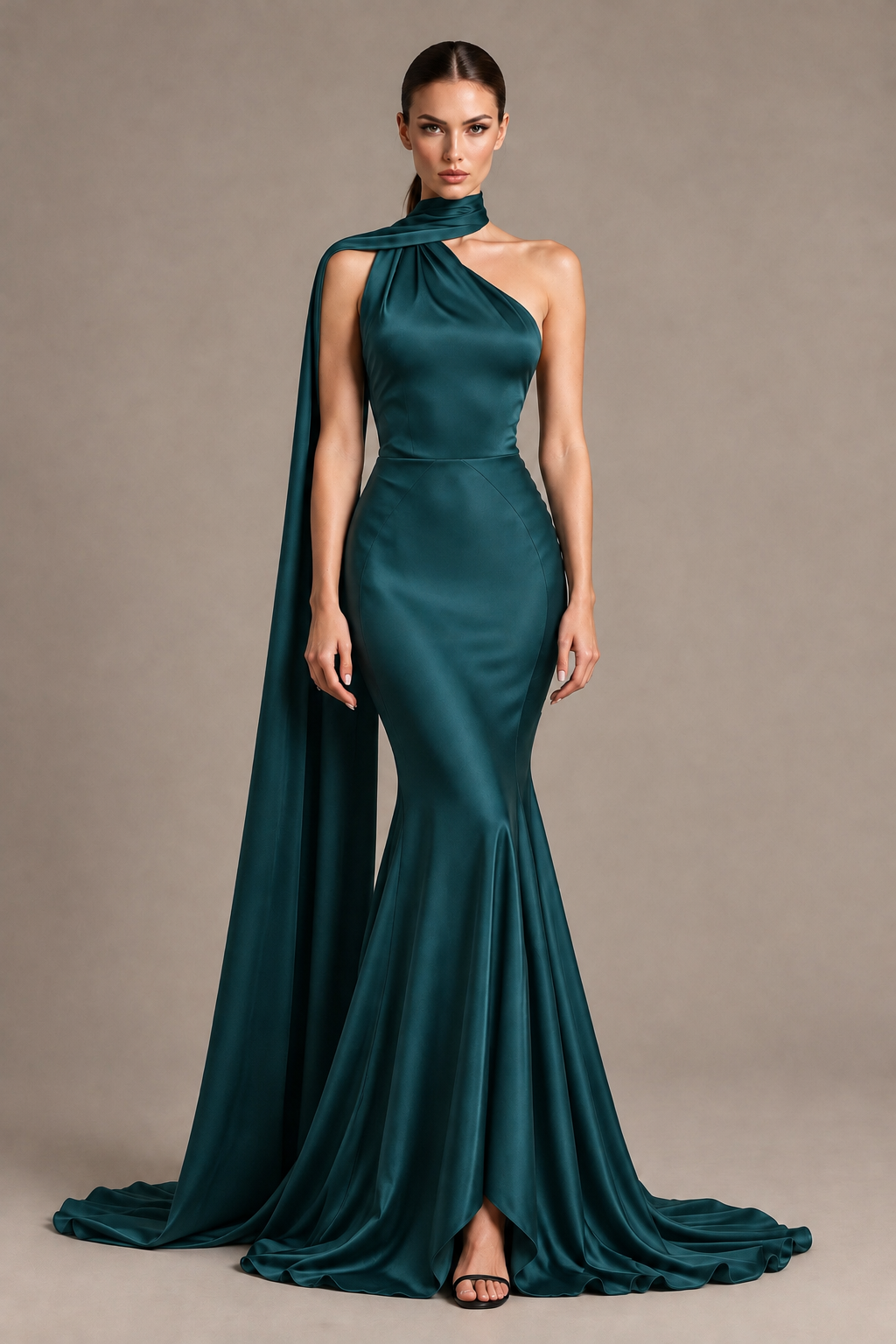 BOLODOO Teal One-Shoulder Satin Mermaid Evening Dress with Scarf - Teal - Teal_1