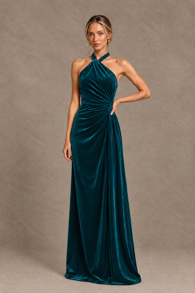 BOLODOO Teal Velvet Halter Open-Back Ruched Evening Dress - Teal - Teal_1