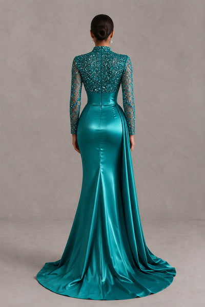 BOLODOO Teal Long Sleeve Embellished Satin Mermaid Evening Gown - Teal - Teal_2