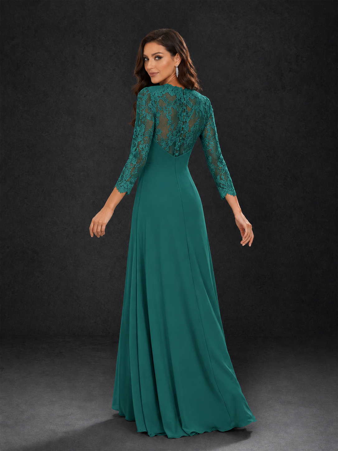 BOLODOO Teal Lace Sleeve V-Neck Floral Waist Chiffon A-Line Maxi Dress - Teal