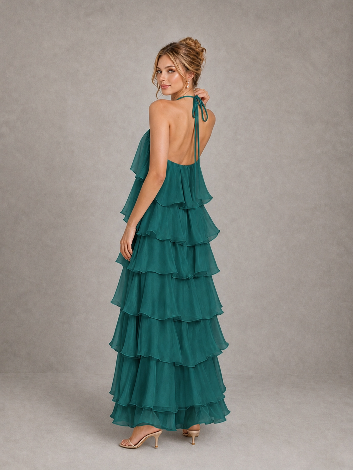 BOLODOO Teal Halter Tiered Ruffle Maxi Bridesmaid Dress - Teal - Teal_2