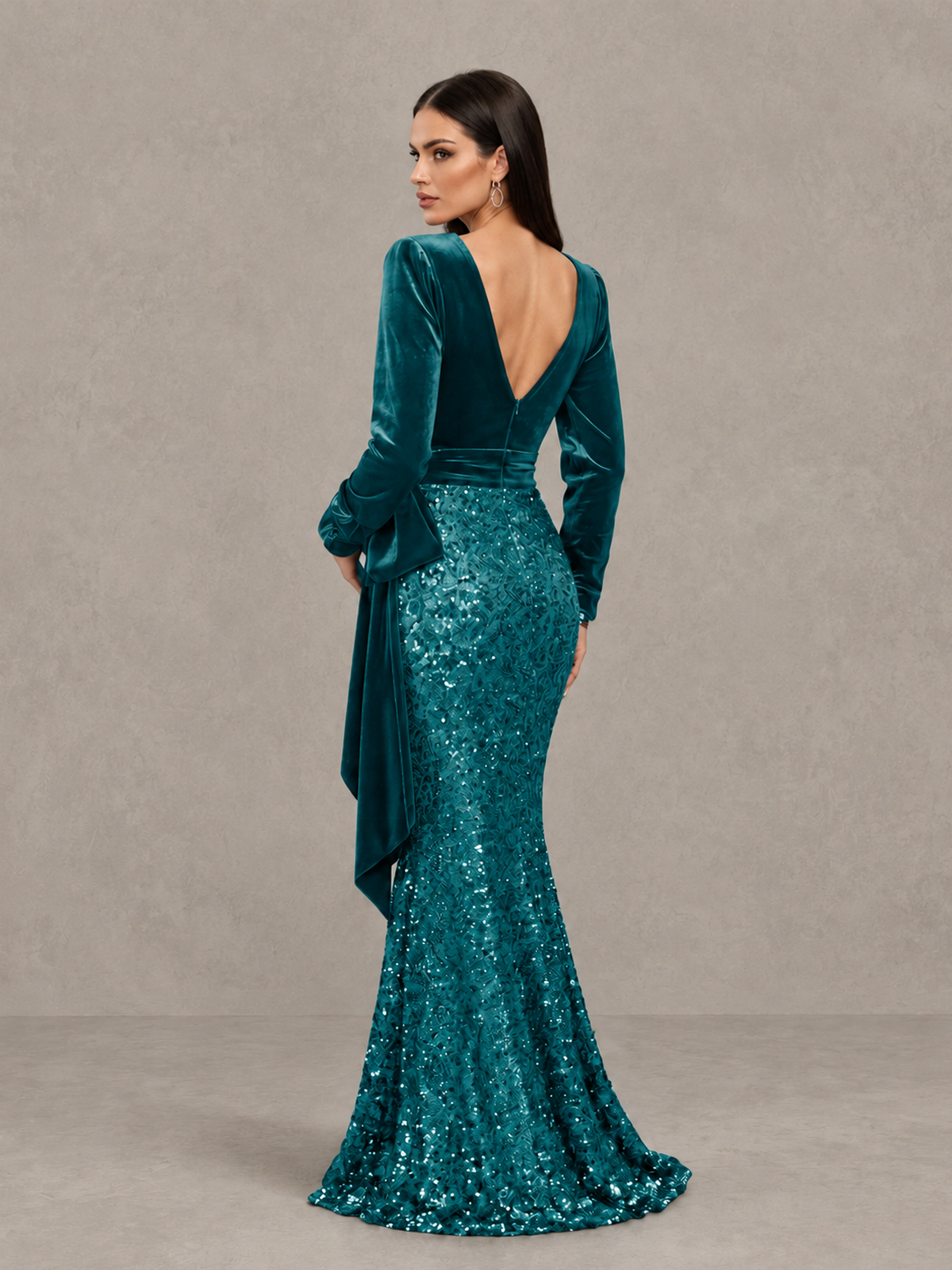 BOLODOO Teal Velvet & Sequin Long Sleeve V-Neck Mermaid Evening Gown - Teal - Teal_2