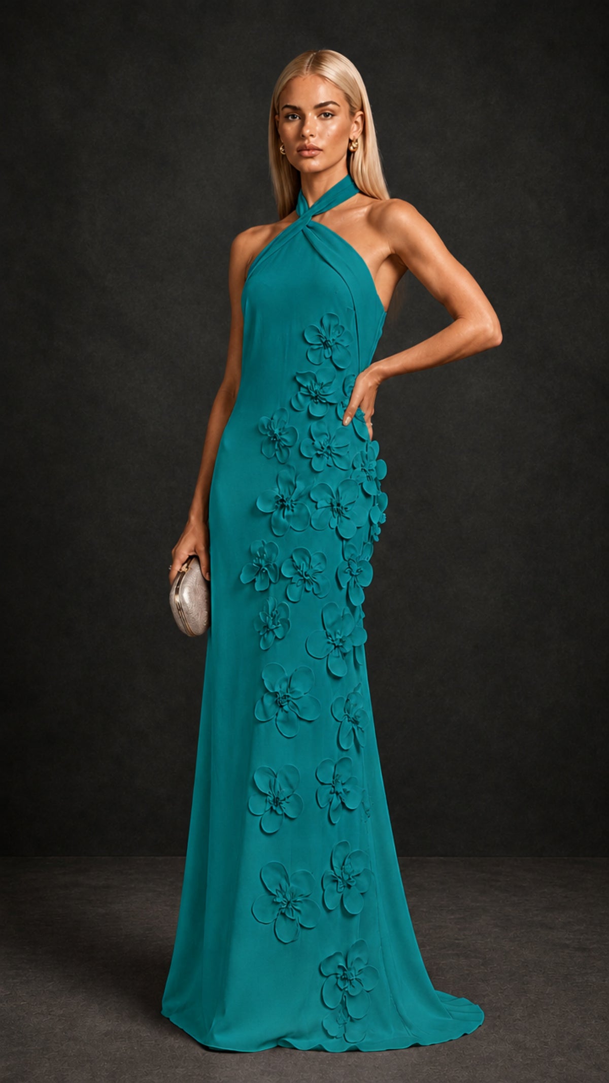 BOLODOO Teal Cross Halter Neck 3D Floral Appliqué Backless Mermaid Maxi Gown - Teal
