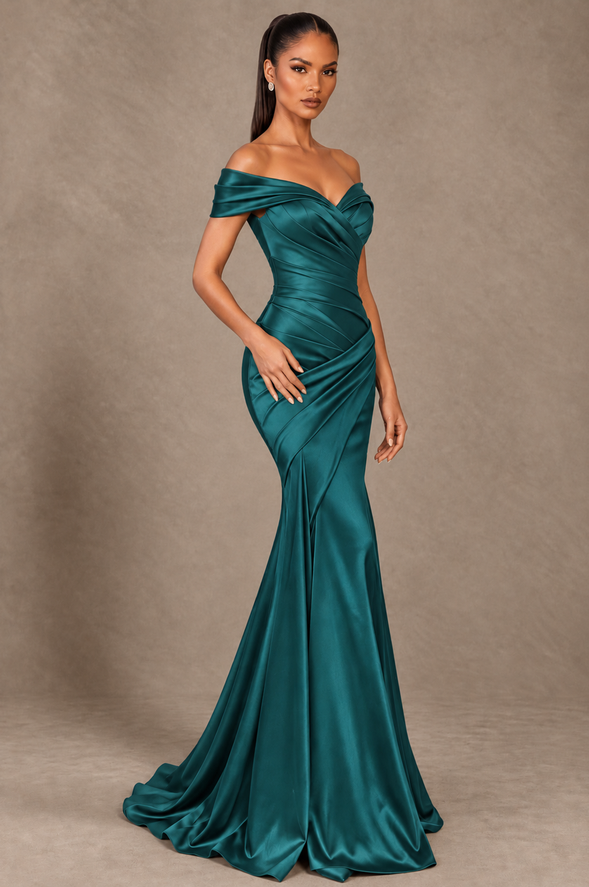 BOLODOO Teal Off-the-Shoulder Ruched Satin Mermaid Evening Dress - Teal - Teal_2