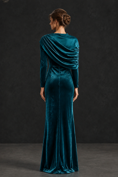 BOLODOO Teal Velvet Long Sleeve Draped Mother of the Bride Dress - Teal - Teal_2
