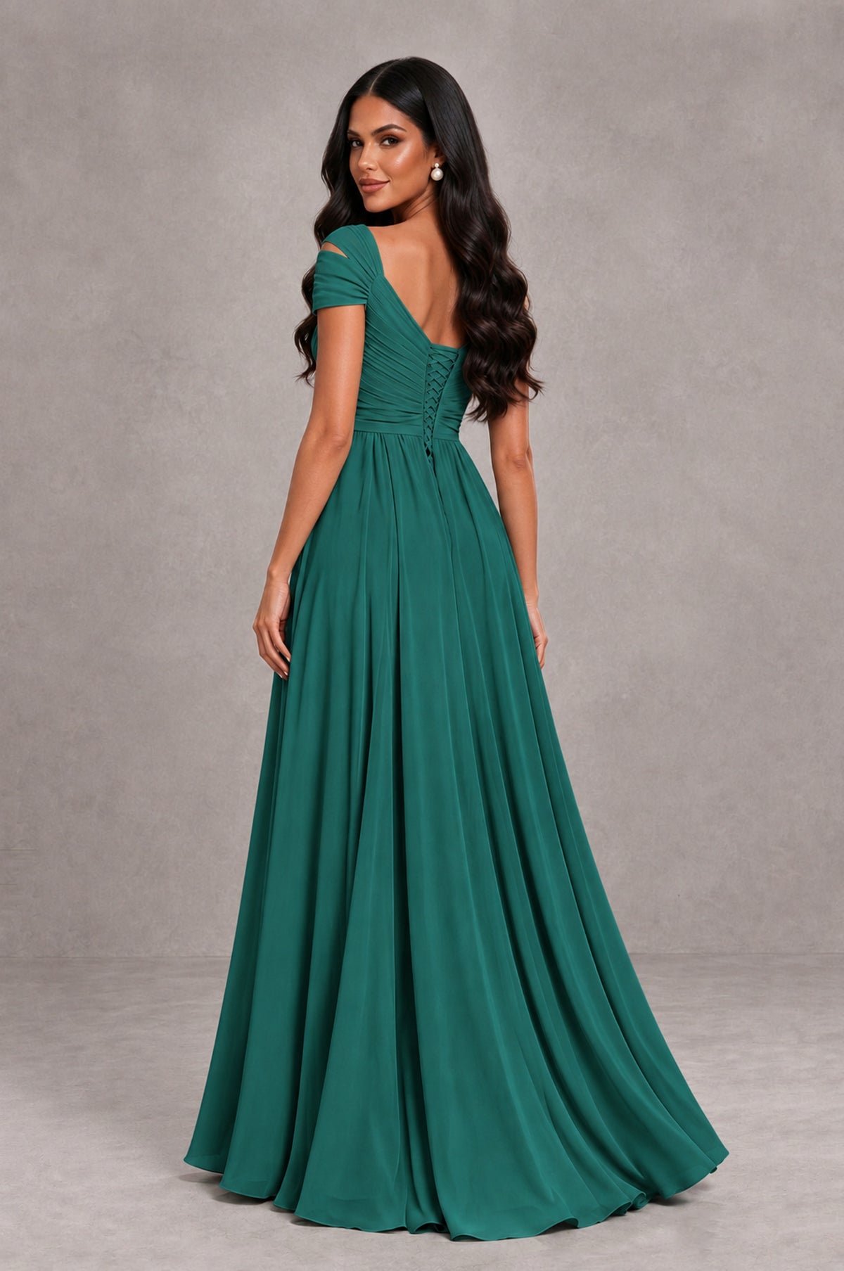 BOLODOO Teal Cold Shoulder Chiffon Evening Dress with V Neck and High Slit - Teal - Teal_2