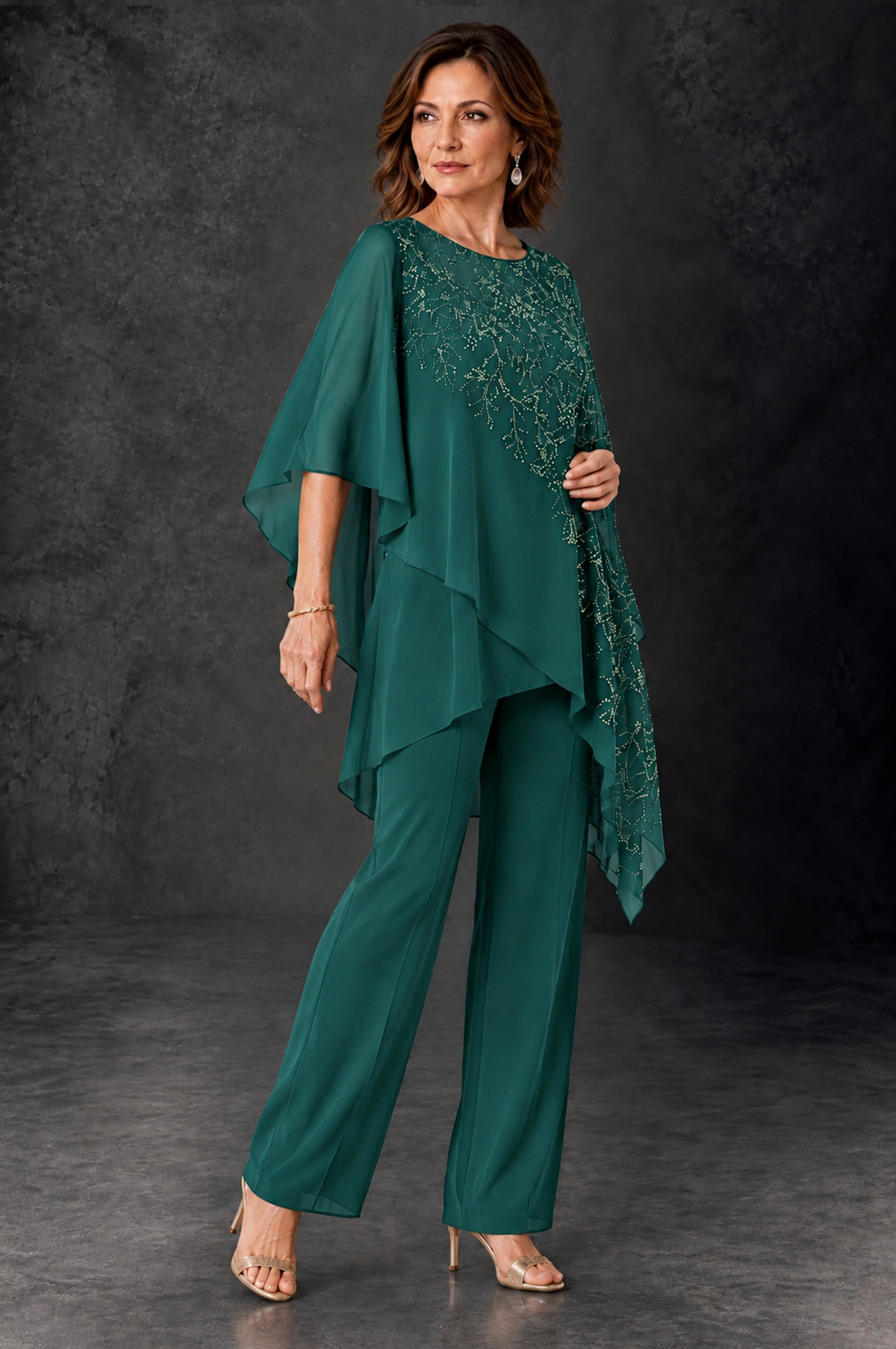 BOLODOO Teal Embellished Cape Pant Suit for Mother of the Bride - Teal - Teal_2