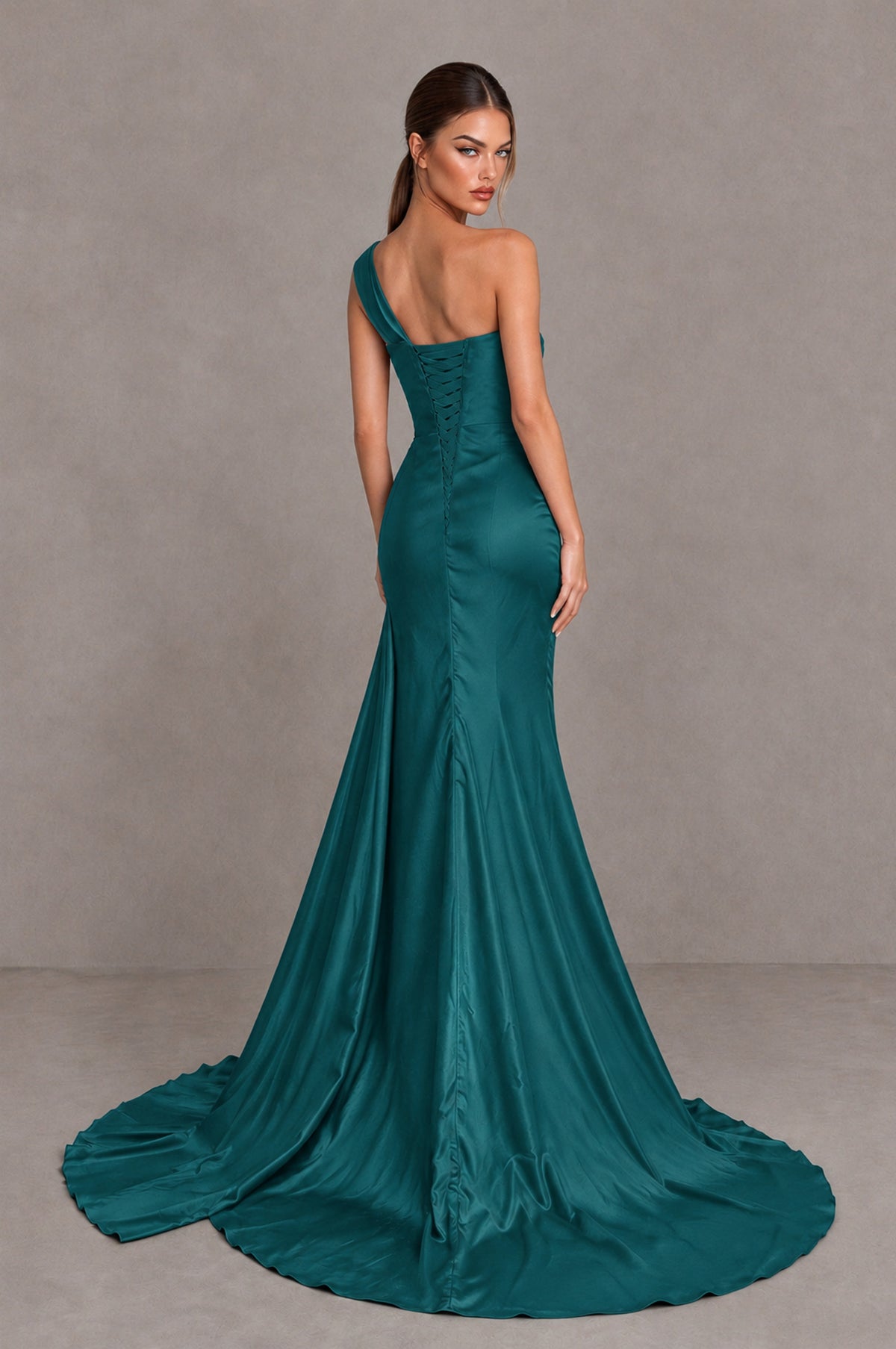 BOLODOO Teal One Shoulder Satin Mermaid Evening Dress with Ruched Slit Skirt - Teal - Teal_2