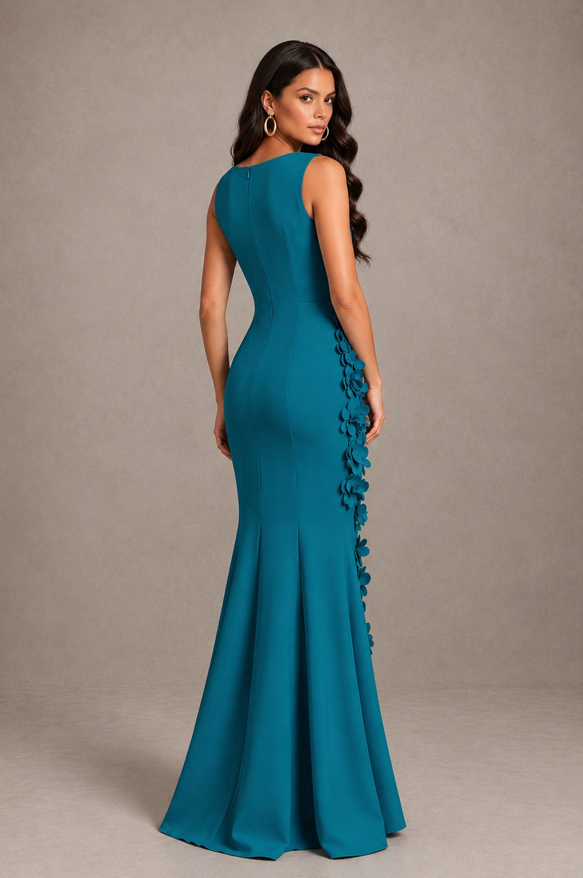 BOLODOO Teal Bateau Neck Sleeveless Asymmetric Peplum 3D Petal Appliqué Mermaid Gown BD0421 - Teal - Teal_2