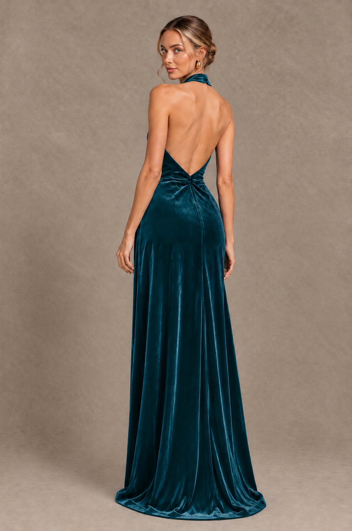 BOLODOO Teal Velvet Halter Open-Back Ruched Evening Dress - Teal - Teal_2
