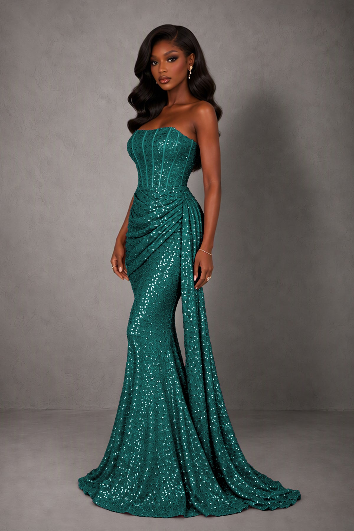 BOLODOO Teal Sequin Strapless Corset Mermaid Evening Gown with Train - Teal