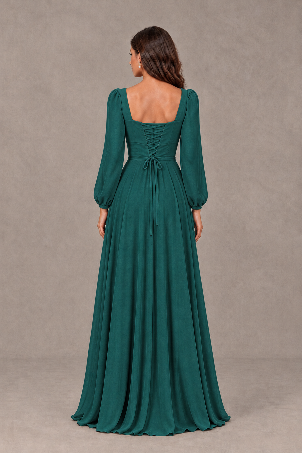 BOLODOO Teal Square Neck Long Sleeve A-Line Bridesmaid Dress - Teal - Teal_2