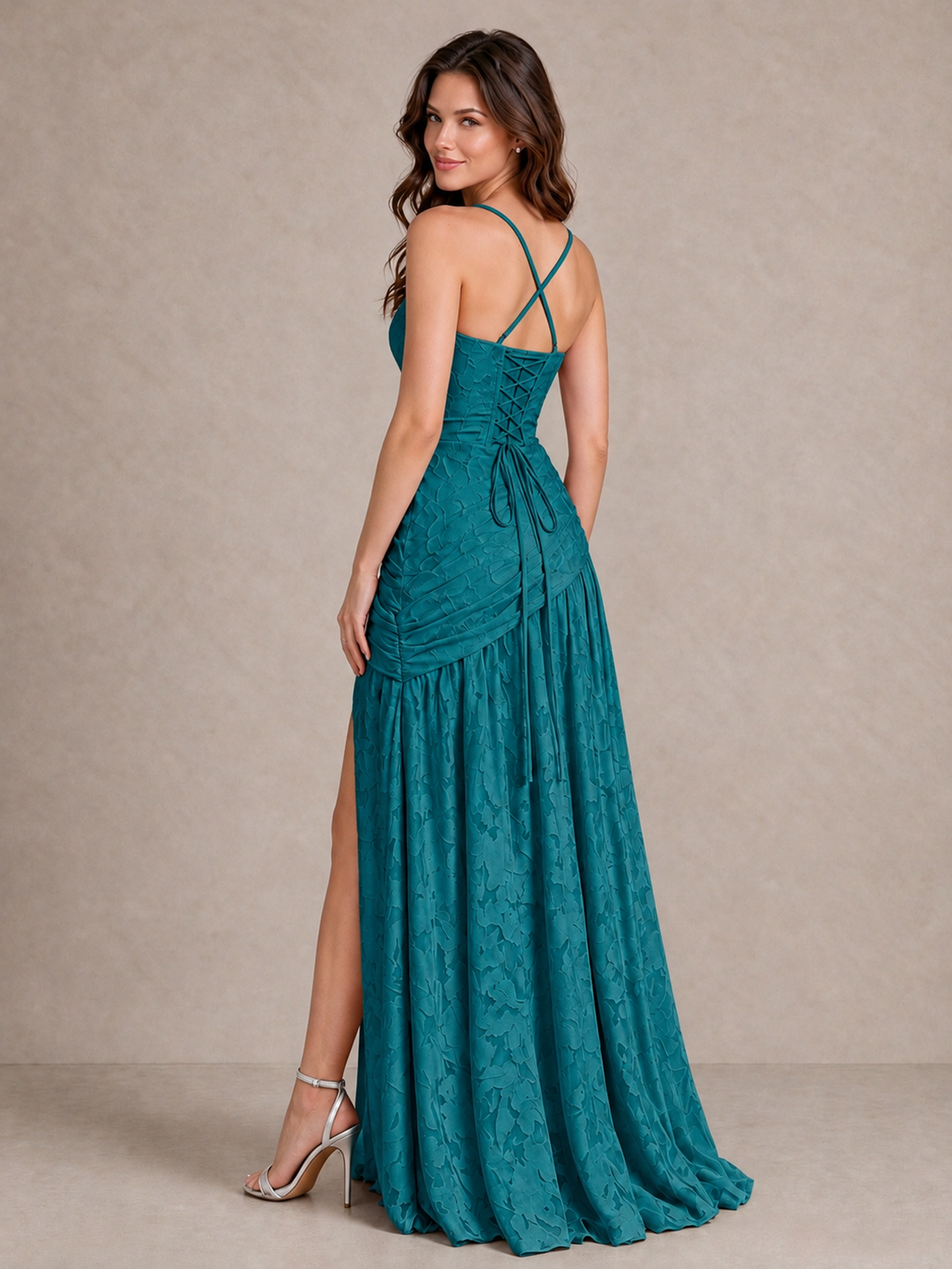 BOLODOO Teal Floral Jacquard Bridesmaid Dress with Square Neck, Lace-Up Back & High Slit - Teal - Teal_2