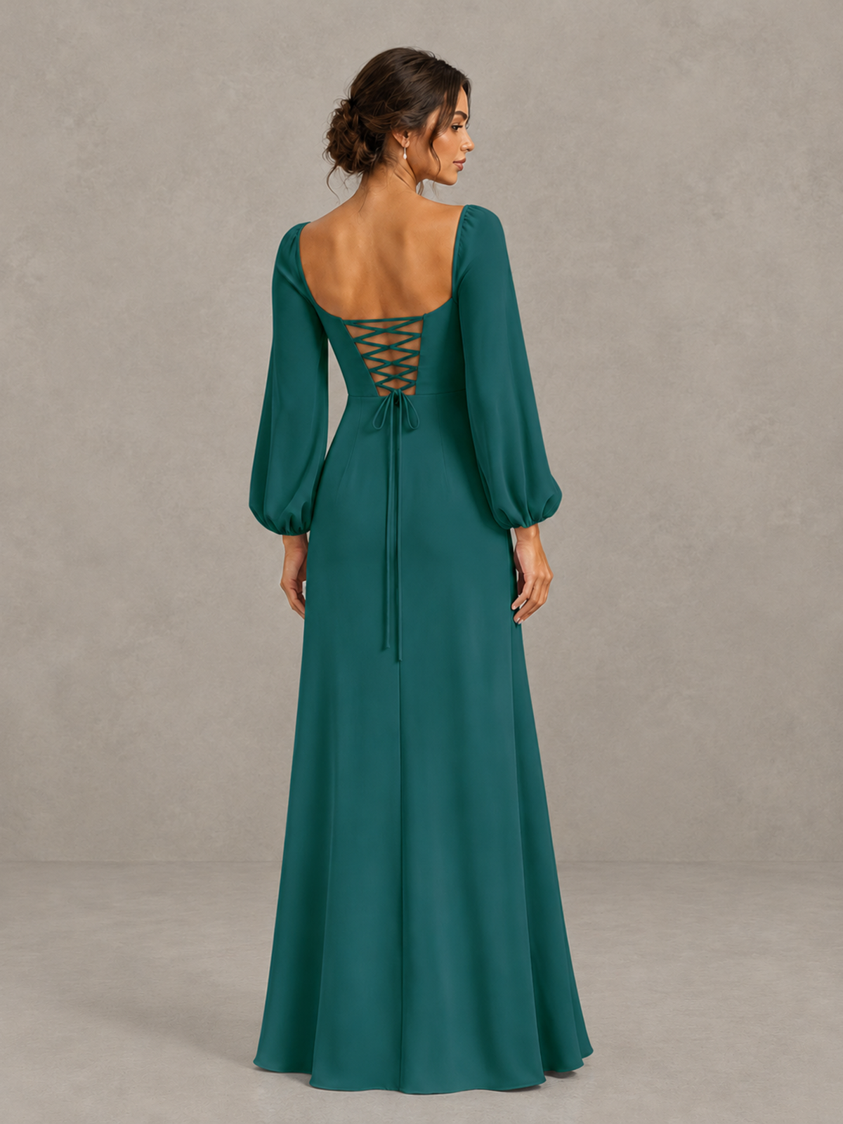 BOLODOO Teal Square Neck Long Sleeve Bridesmaid Dress with High Slit - Teal - Teal_2