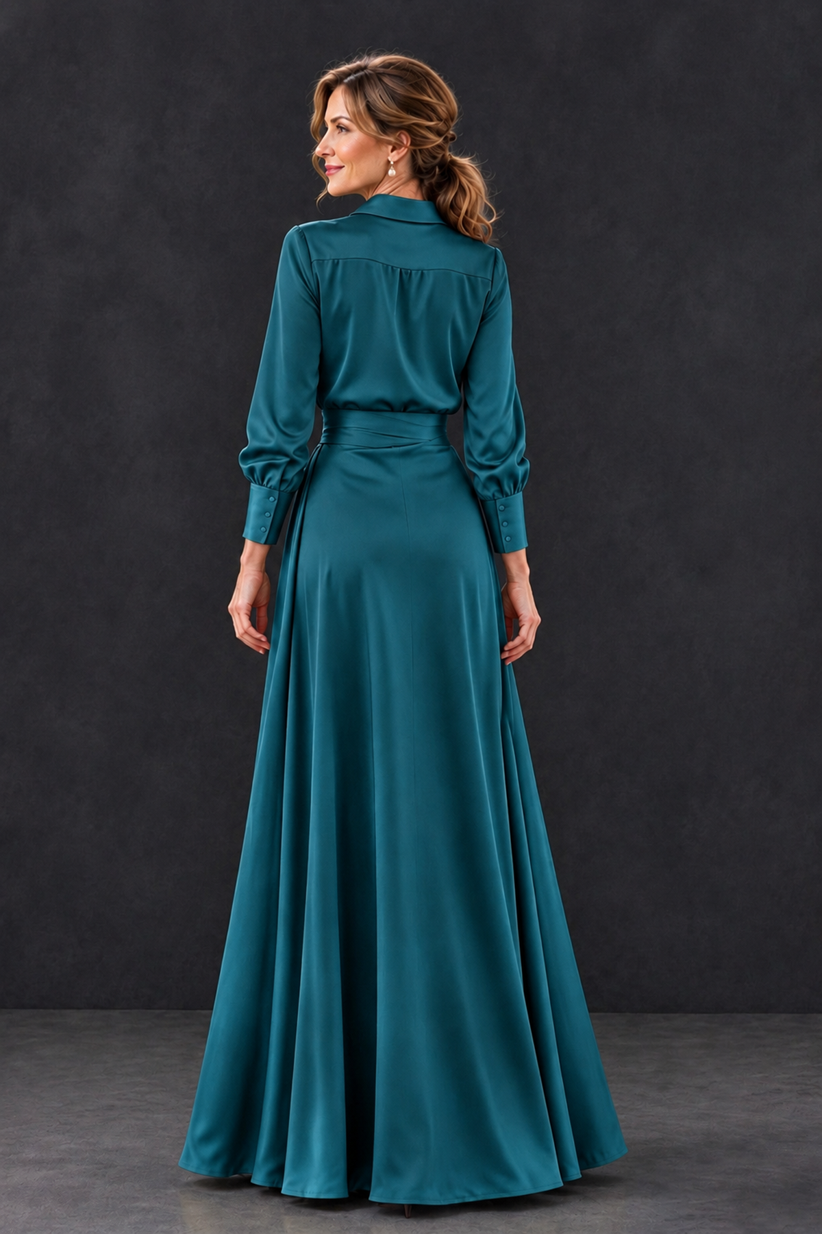 BOLODOO Teal Long Sleeve Satin-Look Lace Panel Gown - Teal - Teal_2