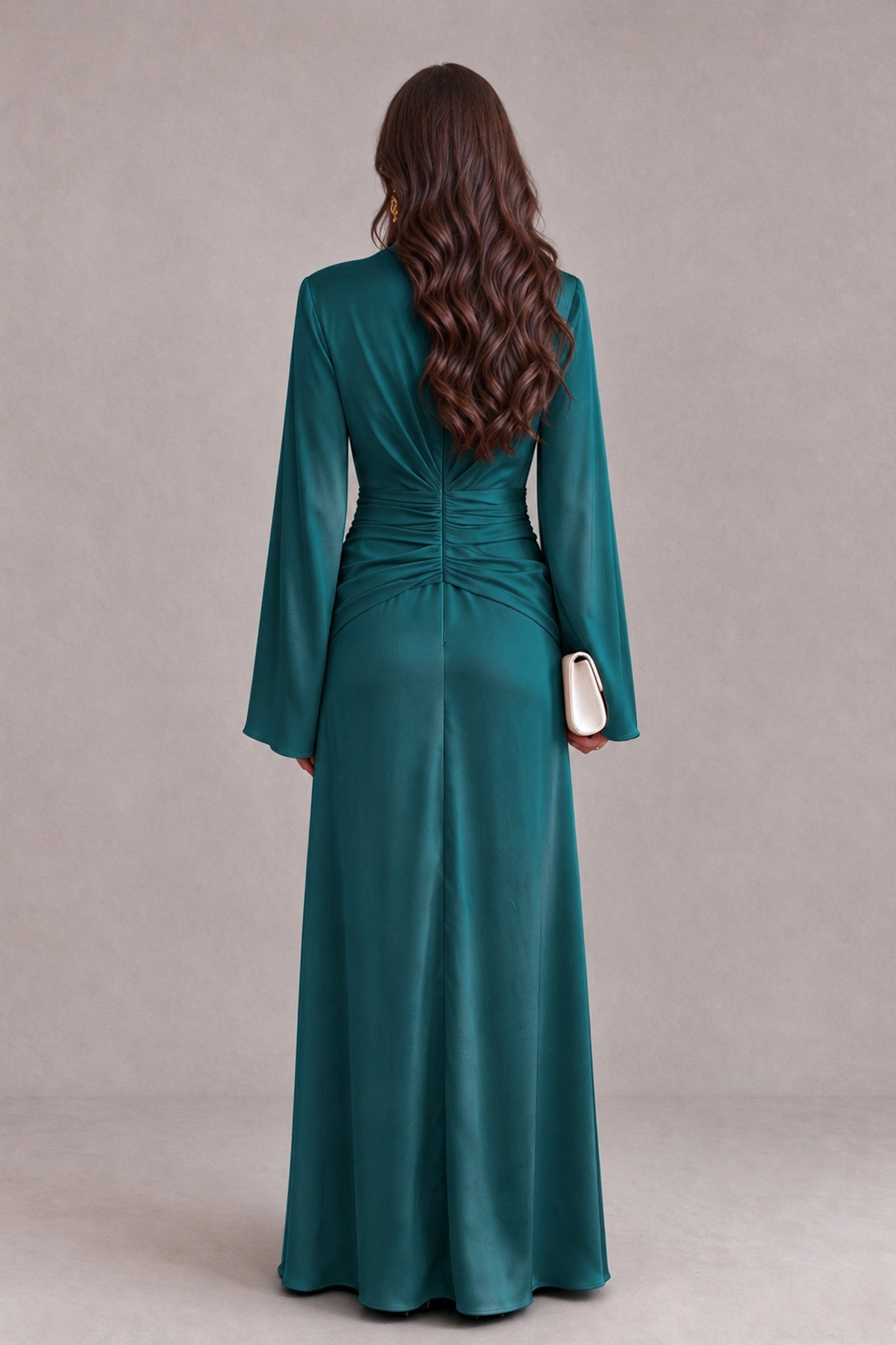 BOLODOO Teal Yellow Satin-Look V-Neck Long Bell Sleeve Evening Dress - Teal - Teal_2