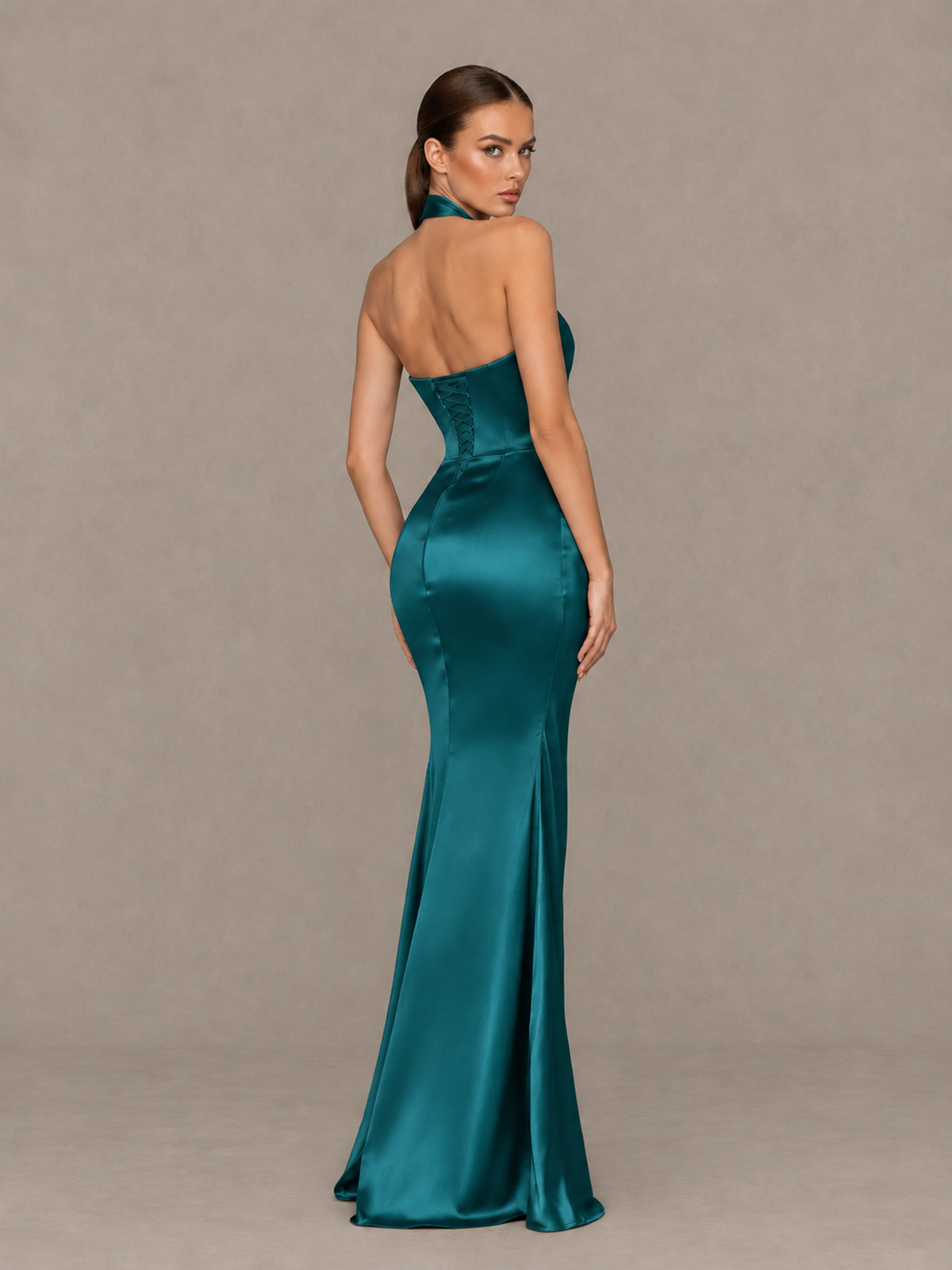 BOLODOO Teal Cross-Halter Ruched Satin-Look Evening Gown with High Slit - Teal - Teal_2