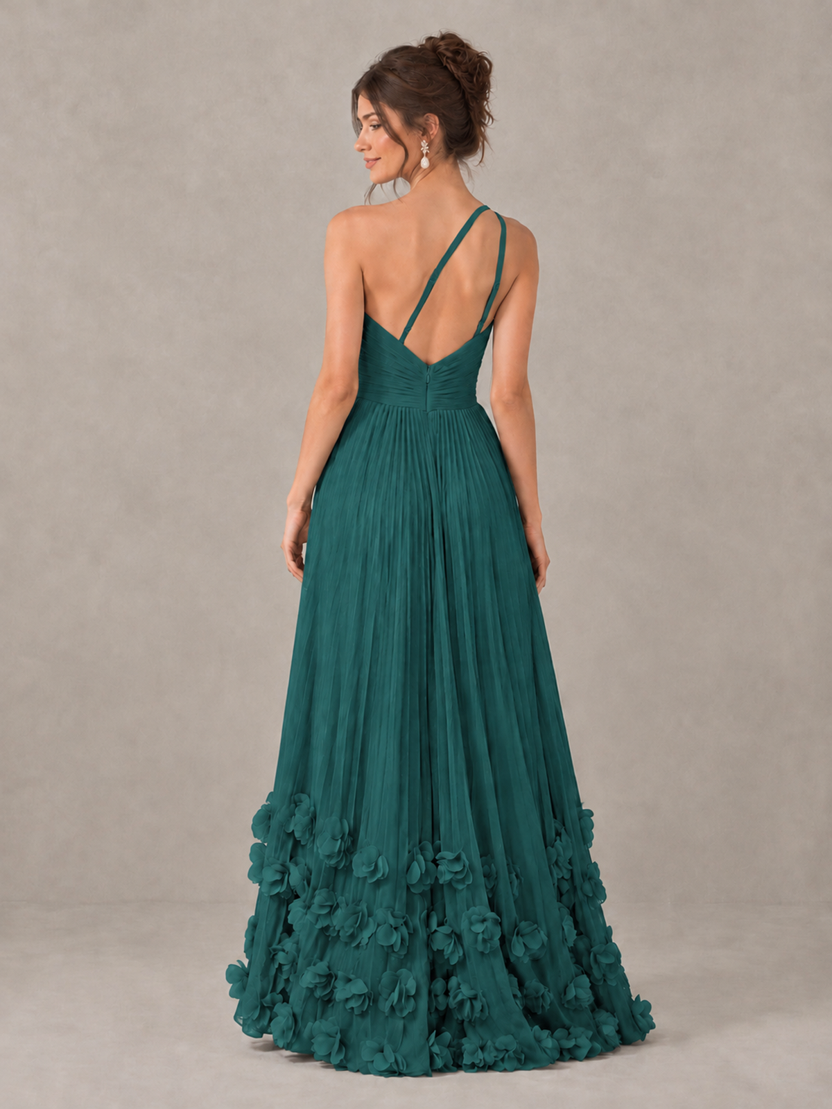 BOLODOO Teal One-Shoulder Pleated Bridesmaid Dress with 3D Floral Hem - Teal - Teal_2