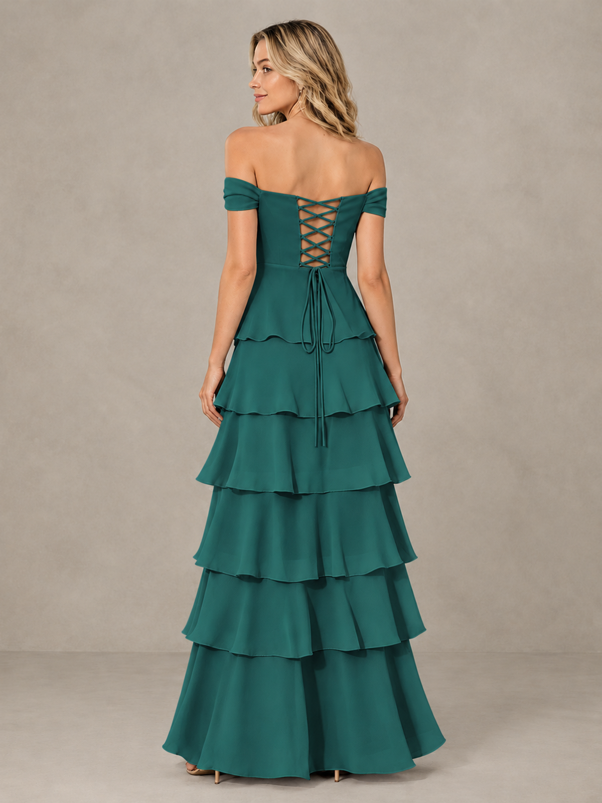 BOLODOO Teal Off-Shoulder Tiered Ruffle Bridesmaid Dress with Lace-Up Back - Teal - Teal_2