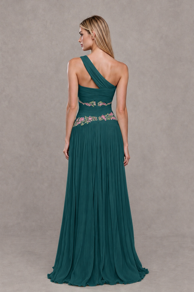 BOLODOO Teal One-Shoulder Floral Applique A-Line Evening Dress - Teal - Teal_2